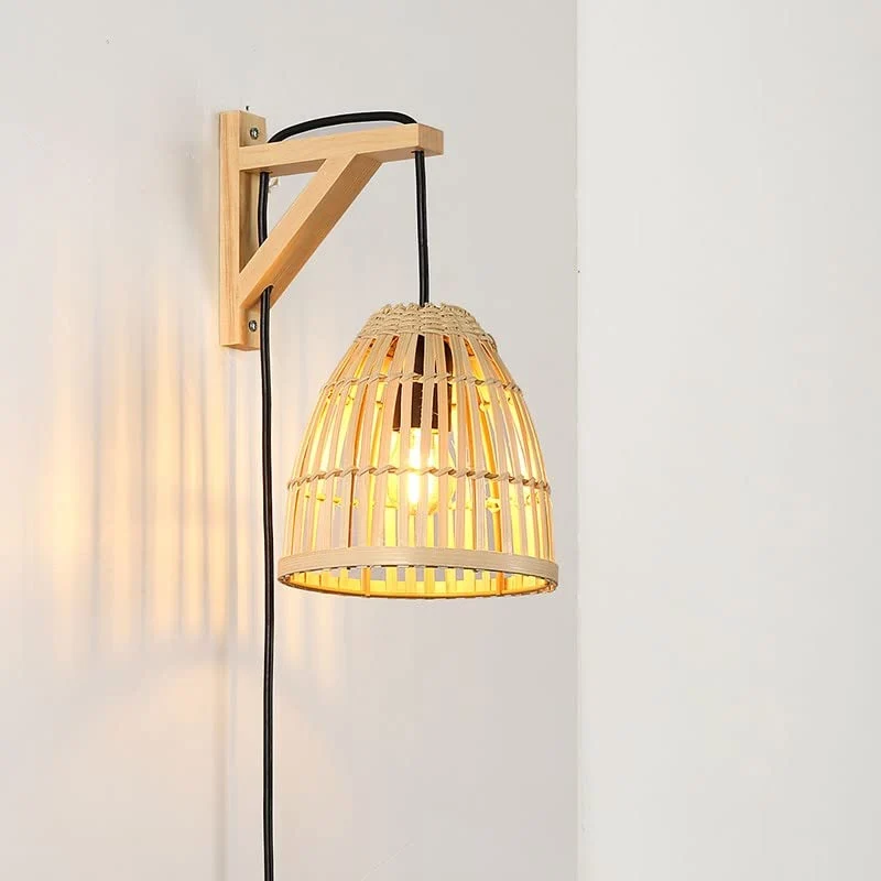 B·LED BARCELONA LED BarcelonaLED Applique murale équerre en bois avec panier en bambou en osier avec câble prise et interrupteur Portalampara Noir E27 pour salon Table de chevet Tête de lit
