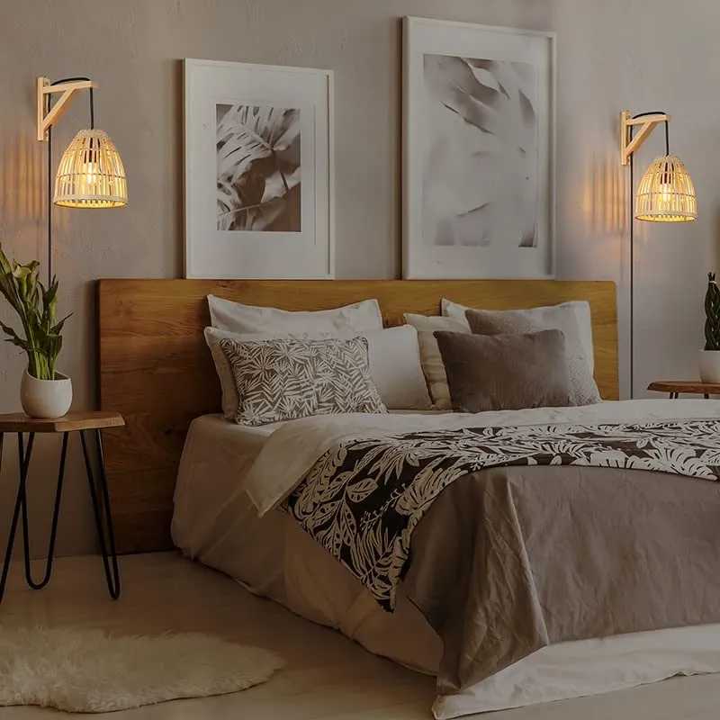 B·LED BARCELONA LED BarcelonaLED Applique murale équerre en bois avec panier en bambou en osier avec câble prise et interrupteur Portalampara Noir E27 pour salon Table de chevet Tête de lit