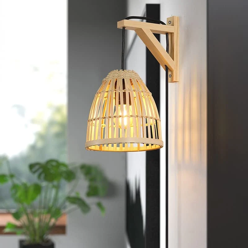 B·LED BARCELONA LED BarcelonaLED Applique murale équerre en bois avec panier en bambou en osier avec câble prise et interrupteur Portalampara Noir E27 pour salon Table de chevet Tête de lit