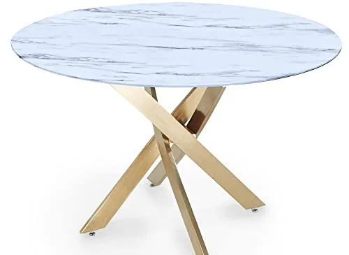 Deco In Paris Table à Manger Ronde Design Verre marbré et Pieds dorés 4 Personnes Melissa, Blanc, 120x120x75x120