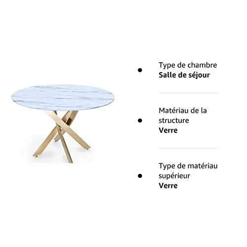Deco In Paris Table à Manger Ronde Design Verre marbré et Pieds dorés 4 Personnes Melissa, Blanc, 120x120x75x120