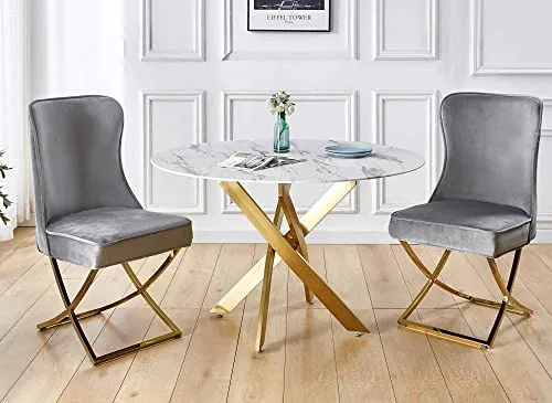 Deco In Paris Table à Manger Ronde Design Verre marbré et Pieds dorés 4 Personnes Melissa, Blanc, 120x120x75x120