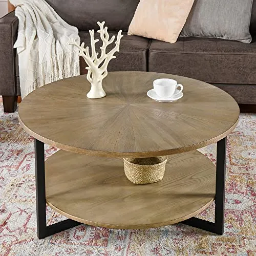 Padma House Table Basse Ronde en Bois Massif, Table de Salon, Table de canapé, Structure en métal, Table Basse à 2 étages, Table Basse,Facile à Monter