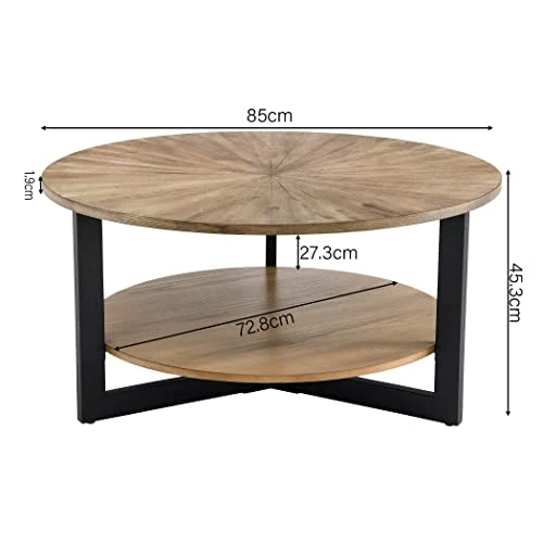 Padma House Table Basse Ronde en Bois Massif, Table de Salon, Table de canapé, Structure en métal, Table Basse à 2 étages, Table Basse,Facile à Monter