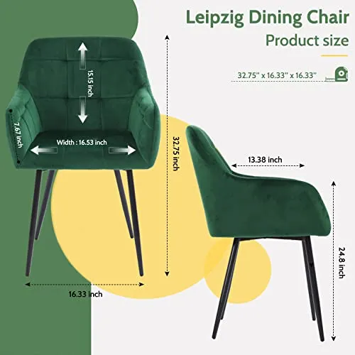 Perfur Casa Chaises de Salle à Manger Lot de 2, Chaise Cuisine en Velours Capitonnées avec Dossier Et Pieds en Métal,Vert