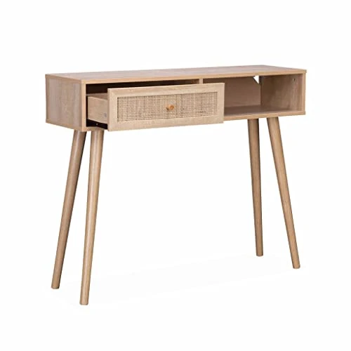 Alice's Home Console en cannage 100x29x81cm - Bohème - 1 tiroir.1 Espace de Rangement. Pieds scandinaves en Bois. 1 poignée