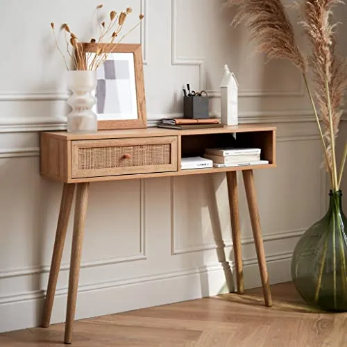 Alice's Home Console en cannage 100x29x81cm - Bohème - 1 tiroir.1 Espace de Rangement. Pieds scandinaves en Bois. 1 poignée