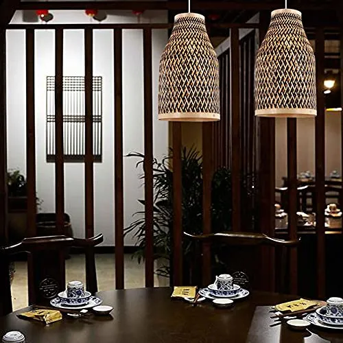 WHKOSK Lustre en Bambou De Style Pastoral Japonais Naturel Bicolore Abat-Jour Creux Semi-Ouvert Suspension Tissée À La Main Adaptée Aux Bars, Salons Et Cafés