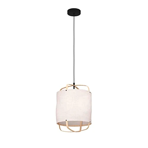 Eglo Suspension luminaire Surfleet, lustre au design nature pour salon et salle à manger, plafonnier à suspendre, lampe de plafond en lin beige, bois bambou et métal noir, douille E27