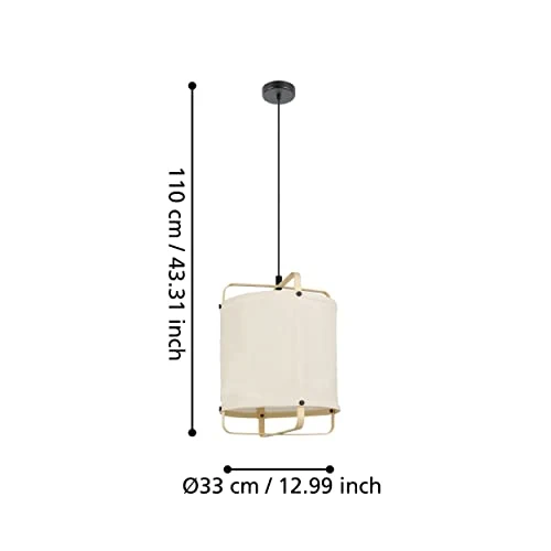 Eglo Suspension luminaire Surfleet, lustre au design nature pour salon et salle à manger, plafonnier à suspendre, lampe de plafond en lin beige, bois bambou et métal noir, douille E27