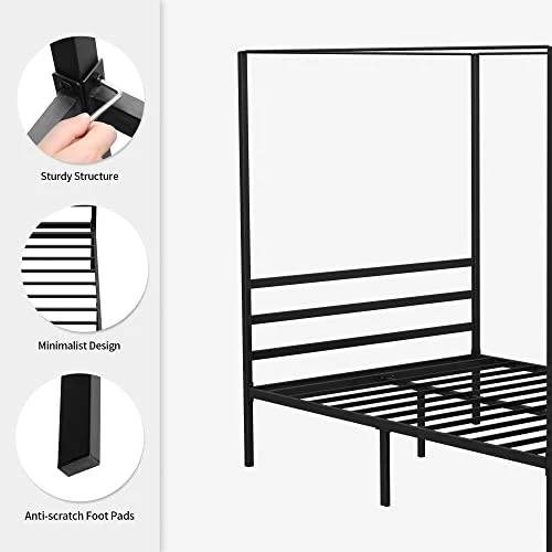 YITAHOME Cadre de lit à baldaquin en métal avec Plateforme de 35,5 cm et tête de lit intégrée. Support de Matelas à Lattes métalliques, sans sommier, Noir, Taille King