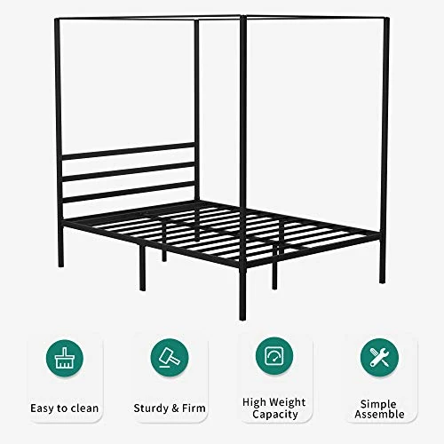 YITAHOME Cadre de lit à baldaquin en métal avec Plateforme de 35,5 cm et tête de lit intégrée. Support de Matelas à Lattes métalliques, sans sommier, Noir, Taille King