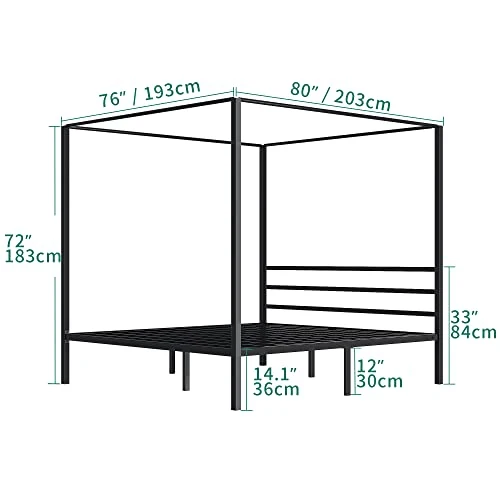 YITAHOME Cadre de lit à baldaquin en métal avec Plateforme de 35,5 cm et tête de lit intégrée. Support de Matelas à Lattes métalliques, sans sommier, Noir, Taille King