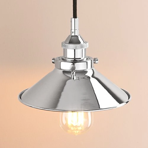 Pathson 21.6cm Abat-Jour en Fer Suspension Luminaire Vintage Industrielle E27 Eclairage Rétro Plafond Lampe Plafonnier Pendant Lampe pour Café,Cuisine,Salle à Manger(Ampoule Non Inclus) Chrome