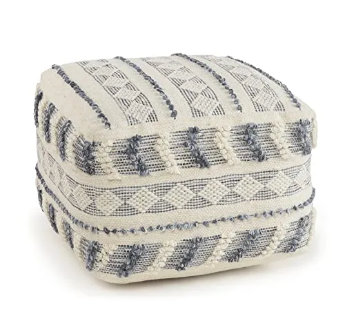 LR Home Pouf en Laine Bleu Marine/Bleu/Ivoire 45,7 x 45,7 x 35,6 cm