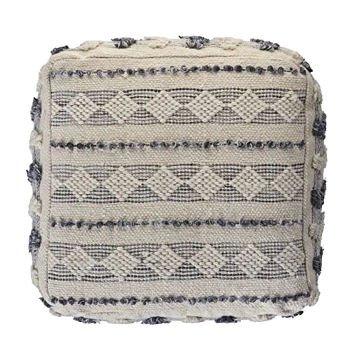 LR Home Pouf en Laine Bleu Marine/Bleu/Ivoire 45,7 x 45,7 x 35,6 cm