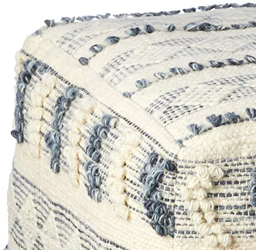 LR Home Pouf en Laine Bleu Marine/Bleu/Ivoire 45,7 x 45,7 x 35,6 cm