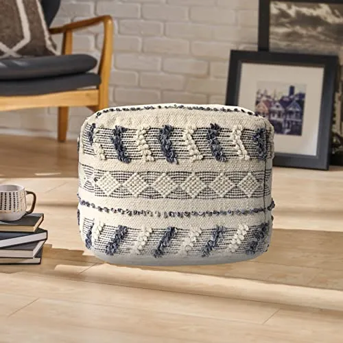 LR Home Pouf en Laine Bleu Marine/Bleu/Ivoire 45,7 x 45,7 x 35,6 cm