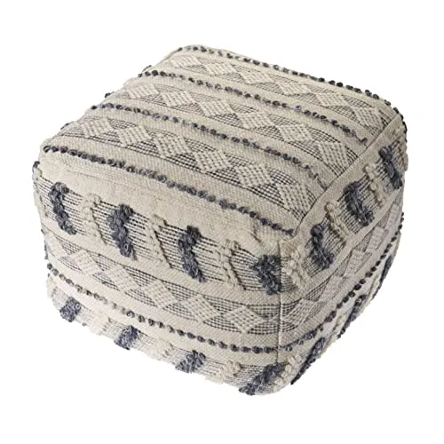 LR Home Pouf en Laine Bleu Marine/Bleu/Ivoire 45,7 x 45,7 x 35,6 cm