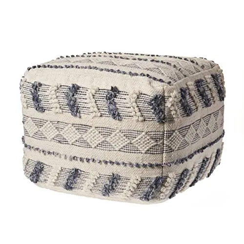 LR Home Pouf en Laine Bleu Marine/Bleu/Ivoire 45,7 x 45,7 x 35,6 cm
