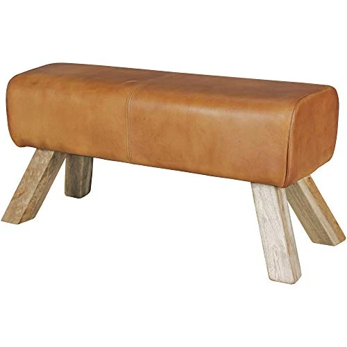 FineBuy Banc Bois Massif Cuir 90 x 43 x 30 cm Style rétro | Rembourré Banc | Banc en Cuir Salle à Manger Brun | Petit Banquette de lit Cuir véritable Banc Couloir