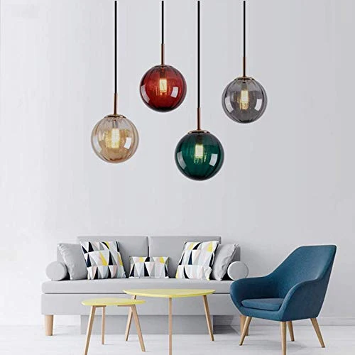 LFsem Plafonnier Simple Tête Coloré Ø15cm Globe En Verre Suspension E14 Loft Chambre Restaurant Suspension Lustre Simple Moderne (Gris Fumée)