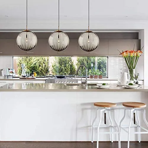LFsem Plafonnier Simple Tête Coloré Ø15cm Globe En Verre Suspension E14 Loft Chambre Restaurant Suspension Lustre Simple Moderne (Gris Fumée)