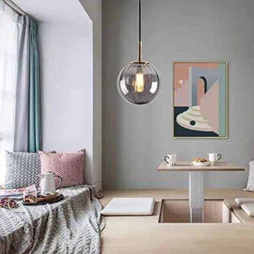 LFsem Plafonnier Simple Tête Coloré Ø15cm Globe En Verre Suspension E14 Loft Chambre Restaurant Suspension Lustre Simple Moderne (Gris Fumée)