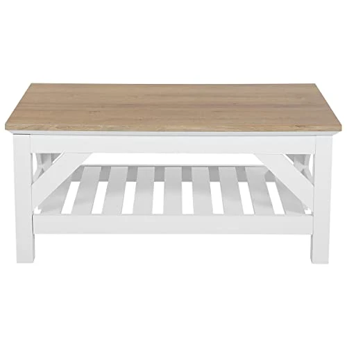 Beliani Table Basse 100 x 60 cm en MDF Effet Bois Clair et Blanc avec Plateau de Rangement pour Salon de Style Traditionnel, Moderne ou Scandinave