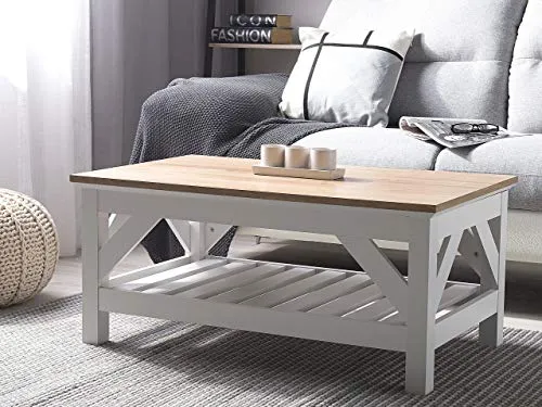 Beliani Table Basse 100 x 60 cm en MDF Effet Bois Clair et Blanc avec Plateau de Rangement pour Salon de Style Traditionnel, Moderne ou Scandinave