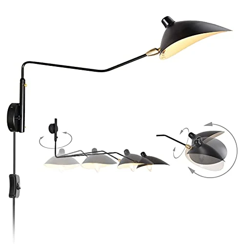 Bras Long Applique Murale Interieur avec Interrupteur Industrielle Lampe Murale Vintage Retro Bras Articule Pivotant Créative Design Luminaire de Lecture Lumiere Chevet Eclairage Métal Noir 118cm