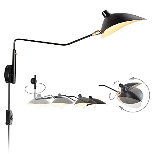 Bras Long Applique Murale Interieur avec Interrupteur Industrielle Lampe Murale Vintage Retro Bras Articule Pivotant Créative Design Luminaire de Lecture Lumiere Chevet Eclairage Métal Noir 118cm