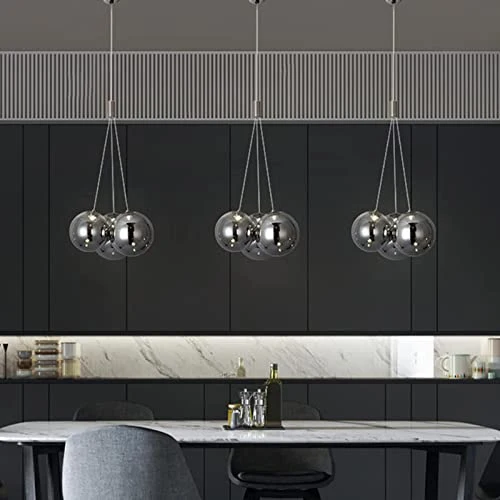 Euone_Clothes Suspension Boule de Verre Moderne à 3 Lumières à DEL, Groupe de Lampes Suspendues Luminaire de Plafond d'îlot de Cuisine Simple Lustre de Salle à manger (Gris) GYDD-0718-1