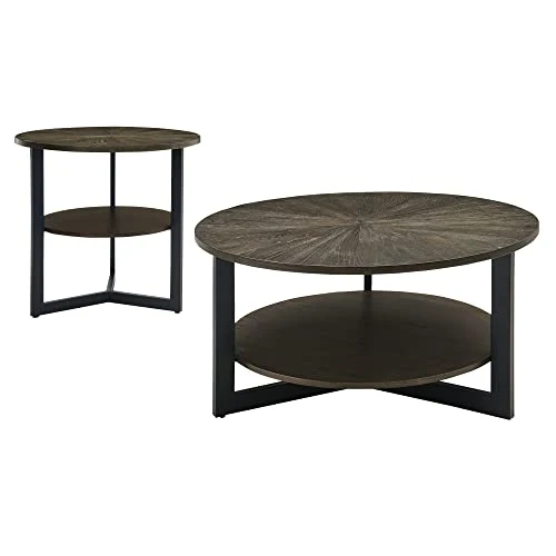 PADMA HOUSE Table basse ronde en bois massif, de salon, canapé, structure métal, à 2 étages, (vintage noir), ⌀85*45,5 cm, (1336)