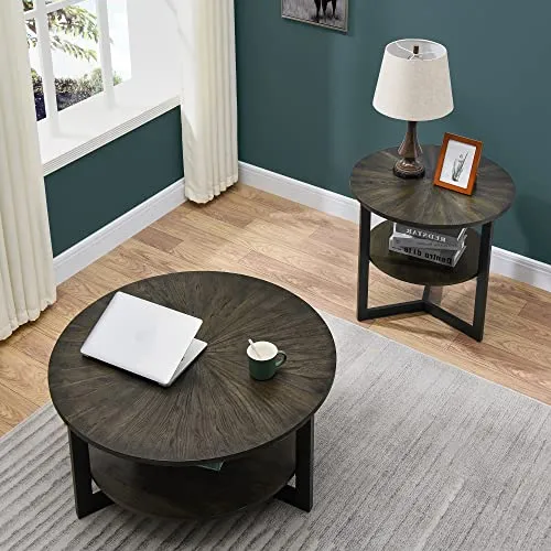 PADMA HOUSE Table basse ronde en bois massif, de salon, canapé, structure métal, à 2 étages, (vintage noir), ⌀85*45,5 cm, (1336)