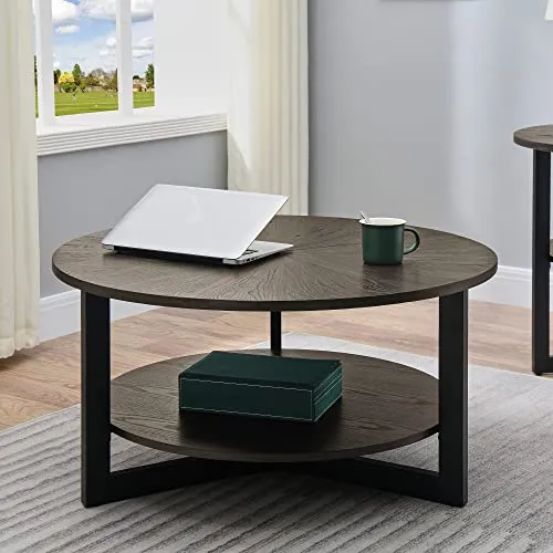 PADMA HOUSE Table basse ronde en bois massif, de salon, canapé, structure métal, à 2 étages, (vintage noir), ⌀85*45,5 cm, (1336)