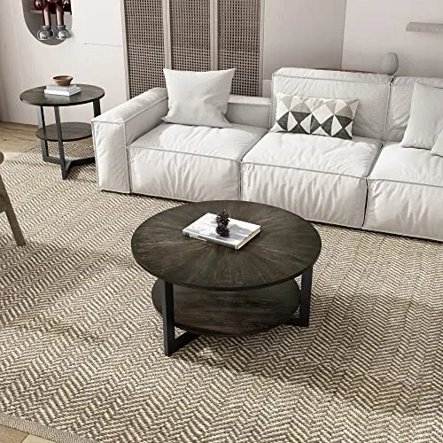 PADMA HOUSE Table basse ronde en bois massif, de salon, canapé, structure métal, à 2 étages, (vintage noir), ⌀85*45,5 cm, (1336)