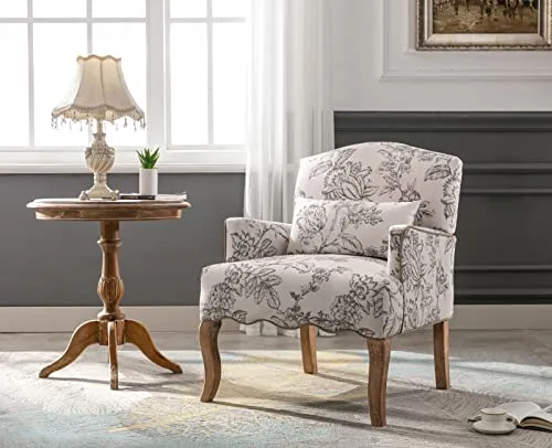 chairus Chaise Longue Rembourré en Lin Rétro Canapé Fauteuil à Imprimé avec Pieds en Bois Chaise de Loisirs pour Balcon Salon (Beige)