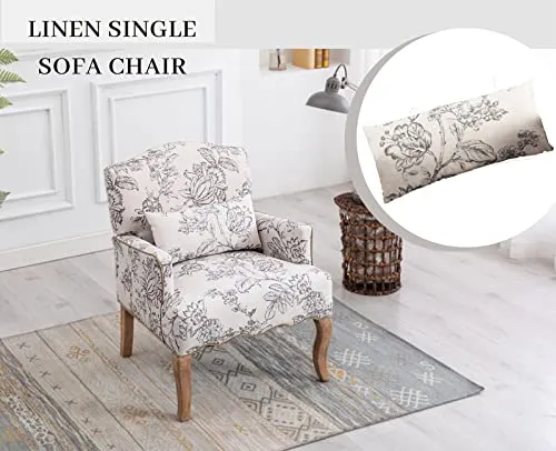 chairus Chaise Longue Rembourré en Lin Rétro Canapé Fauteuil à Imprimé avec Pieds en Bois Chaise de Loisirs pour Balcon Salon (Beige)