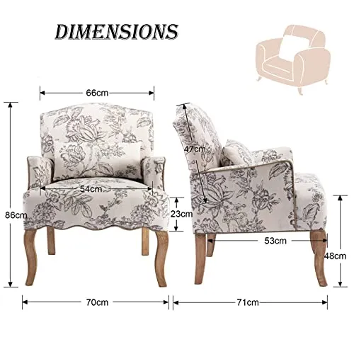 chairus Chaise Longue Rembourré en Lin Rétro Canapé Fauteuil à Imprimé avec Pieds en Bois Chaise de Loisirs pour Balcon Salon (Beige)