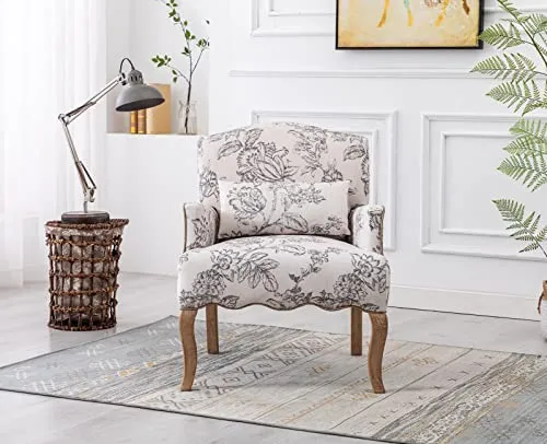 chairus Chaise Longue Rembourré en Lin Rétro Canapé Fauteuil à Imprimé avec Pieds en Bois Chaise de Loisirs pour Balcon Salon (Beige)