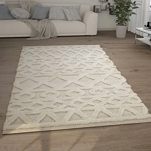 Paco Home Tapis Poils Longs Tapis De Salon Tapis Shaggy Aspect 3D Ethnique Boho Look Vintage Doux, Dimension:160x220 cm, Couleur:Crème