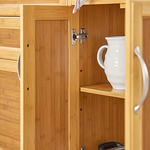 SoBuy® FKW70-N Meuble de Rangement Cuisine Buffet de Cuisine Roulant Desserte sur roulettes en Bambou - Plans de Travail en Acier INOX Grande Armoire de Rangement