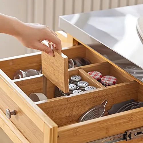 SoBuy® FKW70-N Meuble de Rangement Cuisine Buffet de Cuisine Roulant Desserte sur roulettes en Bambou - Plans de Travail en Acier INOX Grande Armoire de Rangement
