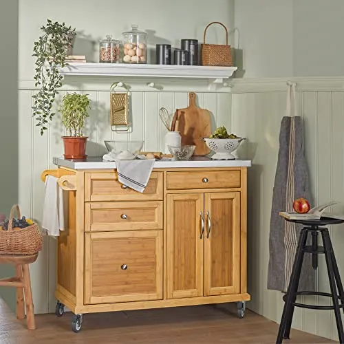 SoBuy® FKW70-N Meuble de Rangement Cuisine Buffet de Cuisine Roulant Desserte sur roulettes en Bambou - Plans de Travail en Acier INOX Grande Armoire de Rangement