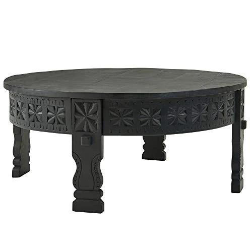 WOHNLING Basse Design 80x36x80 cm Table Basse en manguier en Bois Massif Rond Noir | Table de Salon en Bois Table de Salon Solide | Table de Salon Oriental | Table Basse Table de Salon