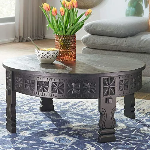 WOHNLING Basse Design 80x36x80 cm Table Basse en manguier en Bois Massif Rond Noir | Table de Salon en Bois Table de Salon Solide | Table de Salon Oriental | Table Basse Table de Salon