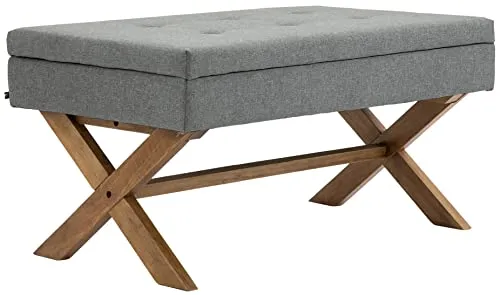 CLP Banquette Namaro en Tissu I Banc avec Pieds Carrés en Bois De Caoutchouc I Bout De Lit avec Espace De Rangement, Couleur:Gris, Couleur du Cadre:Antique Clair