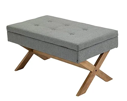 CLP Banquette Namaro en Tissu I Banc avec Pieds Carrés en Bois De Caoutchouc I Bout De Lit avec Espace De Rangement, Couleur:Gris, Couleur du Cadre:Antique Clair