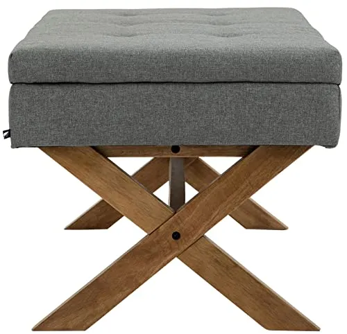 CLP Banquette Namaro en Tissu I Banc avec Pieds Carrés en Bois De Caoutchouc I Bout De Lit avec Espace De Rangement, Couleur:Gris, Couleur du Cadre:Antique Clair